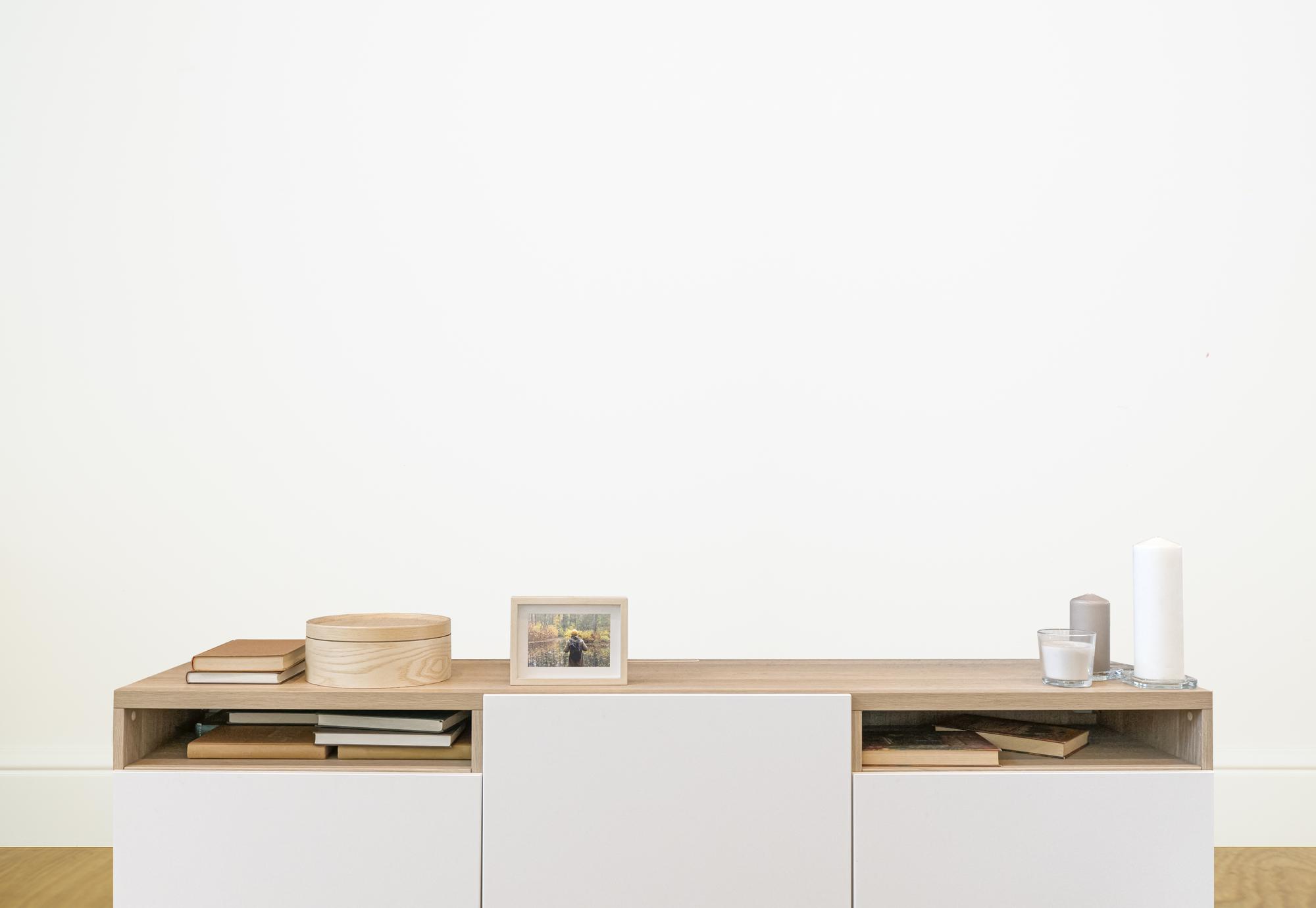 Interior of test kitchen with wooden counter